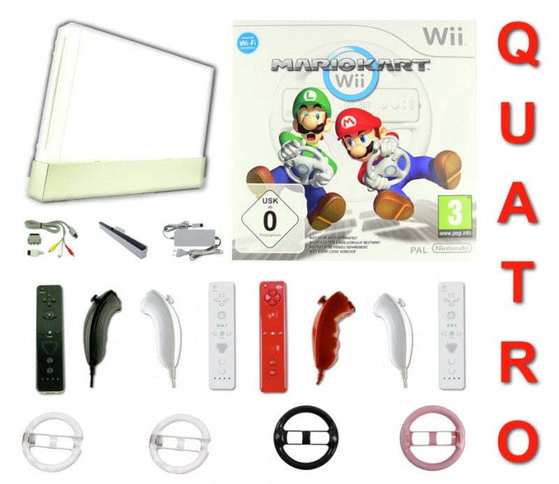 Nintendo Wii Mario Kart Weiss 4 Spieler Set + 4 Kontroller + 4 Wheel + 4 Nunchuk